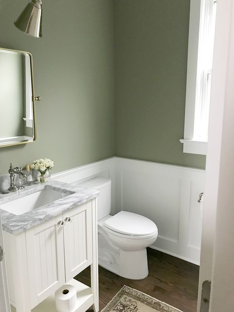 Our Powder Room: Painting the Walls Sage Green Green Bathroom With Panelling, Sage And Oak Bathroom, Kamar Hijau Sage, Green Painted Walls Bathroom, Sage Wall Bathroom, Green Waynes Coating Bathroom, Light Green Basement, Bathroom Remodel Sage Green, Sage Green Downstairs Toilet