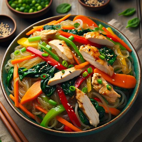 Cooking up Joy - Made with love: Savory Symphony: Chicken Japchae (Stir-Fried Glass... Chicken Japchae, Stir Fry Glass Noodles, Types Of Noodles, Chicken Slices, Sesame Sauce, Sweet Potato Noodles, Glass Noodles, Food Artwork, Colorful Vegetables