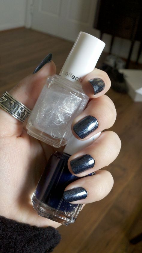 essie luxeffects 'pure pearlfection' over essie midnight cami.  Reminds me of starry nights and moonstone :) Pure Pearlfection Essie, Starry Nights, Beauty Stuff, Essie, Starry Night, Moonstone, Nail Polish, Nail Art, Pure Products