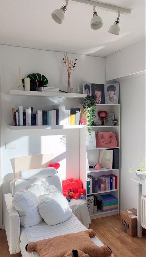 My kpop corner 2023 collection bts collector shelf bt21 merch taehyung aesthetic room ideas Merch Room Ideas, Kpop Floating Shelf Ideas, Kpop Album Organization Ideas, Kpop Corner Room, Bts Shelf Ideas, K Pop Shelf Ideas, Bts Room Ideas, Kpop Shelf Ideas, Bt21 Room