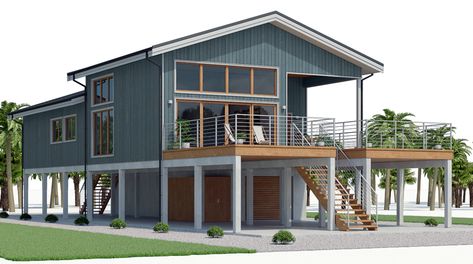 Home Plan CH540 House Plan Modern Beach House Floor Plans, Elevated Beach House, Farm Beach House, Elevated Houses, Manor Exterior, Stilt House Plans, Elevated House Plans, Stilt Home, Beach Style House Plans