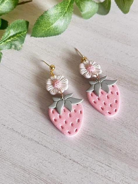 Pink Strawberries Spring Earrings Polymer Clay Earrings Handmade - Etsy Girly Clay Earrings, Softball Clay Earrings, Diy Polymer Clay Canes, Cute Summer Earrings, Clay Items To Make, Strawberry Polymer Clay Earrings, Polymer Clay Christmas Tree Earrings, Polymer Clay Spring Earrings, Polymer Clay Art Ideas