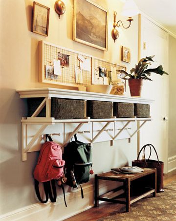 "Basket Rack How-To: Each family member gets a woven storage basket and a trio of Shaker-style pegs. Two sizes of wooden brackets support the long shelves. The top set, turned upside down, forms cubicles for the baskets; the larger bottom set frames four poplar boards fitted with the pegs." School Bag Storage, Mudroom Ideas, Hallway Storage, Entryway Organization, Small Entryway, Built Ins, Minimalist Home, My Dream Home, Entryway Decor