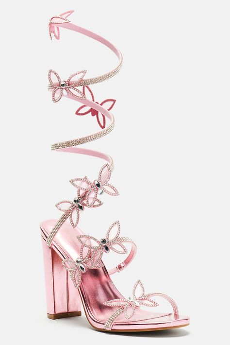 Pink Wrap Up Heels, Butterfly Strap Heels, Pink Wrap Around Heels, Pink Butterfly Shoes, Floral Platform Heels, Quinceanera Pink Shoes, Pink Quinceanera Heels, Butterfly Heels Aesthetic, Pink Stuff To Buy