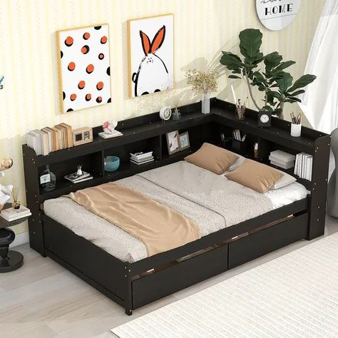 Twin/Full Platform Bed Frame with L-Shaped Bookcases and 2 Storage Drawers, Wood Storage Daybed, Modern Design, Easy Assembly - Bed Bath & Beyond - 40883987 Full Bed With Storage, Full Size Daybed, Sofa Bed Frame, Bed In Corner, Bookcase Bed, Full Size Platform Bed, Wood Daybed, Pine Plywood, Daybed With Storage