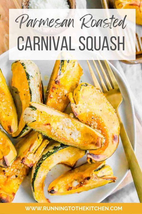 Garlic parmesan carnival squash wedges are roasted until fork tender with crispy edges for the perfect fall side dish. Roasted Carnival Squash, Carnival Squash Recipes, Carnival Squash, Sweet Dumpling Squash, Delicata Squash Recipe, Autumn Side Dishes, Fall Fun Food, Sweet Dumplings, Squash Recipe