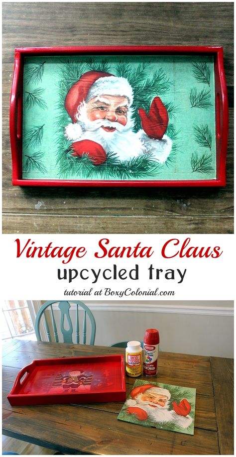 Upcycled thrift store tray made over with vintage Santa gift wrap and spray paint Hot Cocoa Station, Christmas Trays, Upcycled Thrift, Cocoa Station, Santa Tray, Holiday Furniture, Vintage Jewelry Crafts, Vintage Santa Claus, Craft Night