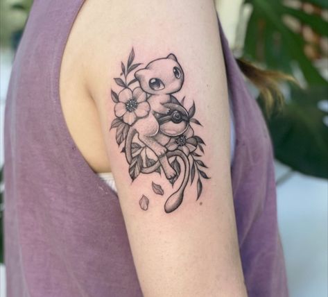 Pokemon Flower Tattoo, Mew Pokemon Tattoo, Mew Tattoo Ideas, Sailor Pluto Tattoo, Pokemon Best Friend Tattoos, Eeveelutions Tattoo Sleeve, Umbreon Tattoo, Floral Pokemon Tattoo, Mew Tattoo