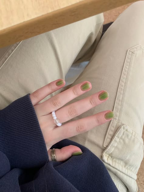 Blush Nails Green, Plain Jelly Nails, Green Jelly Nails Korean, Green Nails Jelly, Jelly Green Nails, Green Jelly Nails, Short Jelly Nails, Short Nail Inspo, Green Jelly