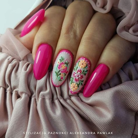 Summer Floral Nails Designs, Mexican Talavera Nail Art, Mexican Vacation Nails, Pink Mexican Nails, Mexican Flower Nails, Mexican Theme Nails, Simplicity Nails, Mexican Themed Nails Acrylic, Talavera Nails