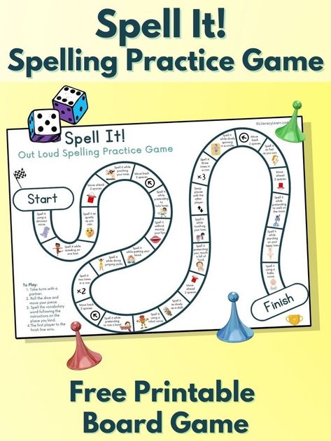 Graphic with the spelling board game and an image of two children's hands playing the game. Spelling Practice Games, Spelling Practice Activities, 3rd Grade Spelling Words, Spelling Word Games, Practice Spelling Words, Homeschool Spelling, Printable Board Game, Spelling Centers, 3rd Grade Spelling