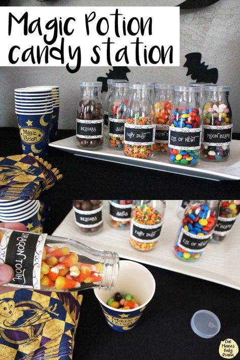 Set up a magic potion candy station at a Halloween or Harry Potter party! FREE PRINTABLE potion bottle labels. A different candy goes in each ingredient, then guests mix their own "potion" blend. Harry Potter Parties Ideas, Halloween Candy Labels, Harry Potter Sorting Party Ideas, Harry Potter Trolley Cart Candy Diy, Halloween Candy Station, Goblet Of Fire Party, Harry Potter Candy Table, Candy Station Ideas, Potions Party