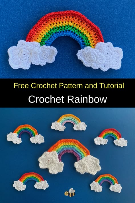 Crochet Rainbow Applique Free Pattern, Crochet Rainbow Applique, Crochet Decals Applique Patterns, Rainbow Crochet Ideas, Crochet Rainbow Pattern Free, Crochet Rainbow Pattern, Rainbow Crochet Pattern, Strawberry Blanket, Pride Crochet