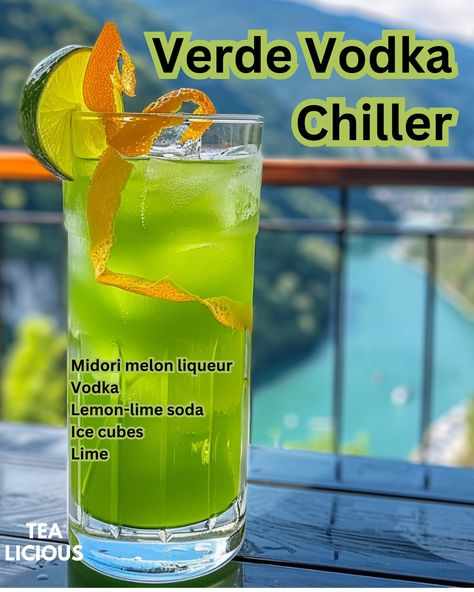 Verde Vodka Chiller Midori Melon, Fruit Garnish, Melon Liqueur, Refreshing Cocktail, Lemon Lime Soda, Lime Soda, Cocktail Drinks Recipes, Colorful Fruit, Refreshing Cocktails