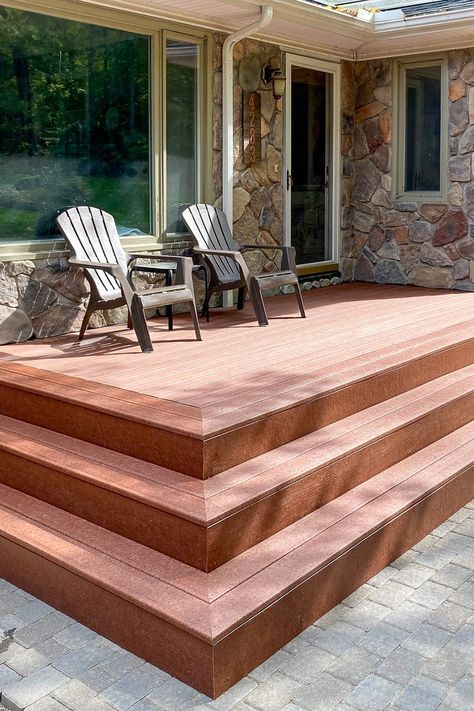 Deck With Ramp And Stairs, Wrap Around Deck Ideas, Corner Steps, Deck Inspiration, Front Porch Steps, Porch Stairs, Patio Steps, Deck Steps, House Updates