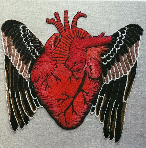 A heart w/wings🕯 Embroidery Illustration, Tessa Perlow, Winged Heart, Folk Design, Heart With Wings, Anatomical Heart, Embroidered Linen, Embroidery Floss, A Heart