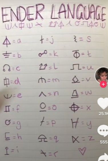 Secret Alphabet Letters, Old Language Alphabet, How To Make Your Own Secret Language, Cool Codes To Write In, Fairy Code Numbers, Ender Alphabet, Fictional Languages Writing, Ender Man Language, Code Writing Secret