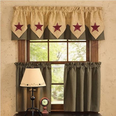 primitive curtains Cortinas Country, French Country Curtains, Country Kitchen Curtains, Primitive Curtains, Primitive Bathrooms, Fox Decor, Kitchen Valances, Bedroom Curtains, Country Decorating