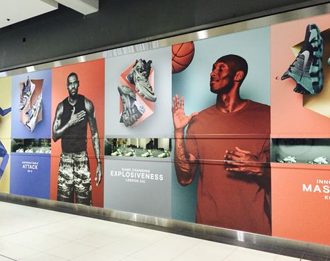 Basketball Shop Design, Sports Retail Store Design, Cheer Wall, Luxury Brands Shopping, Basketball Shop, Office Wall Design, Wall Signage, Photo Zone, Window Graphics