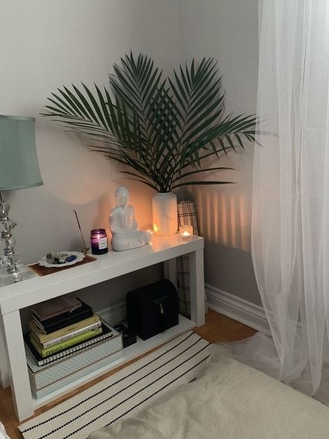 19 feminine & spiritual healing room decor ideas you will want to copy — ASHLINA KAPOSTA Zen Area In Bedroom, Zen Apartment Bedroom, Home Office Zen Room, Yoga Space In Bedroom Ideas, Bedroom Ideas Spiritual, Crystal Corner In Room, Home Yoga Corner, Zen Corner Bedroom, Zen Space Ideas