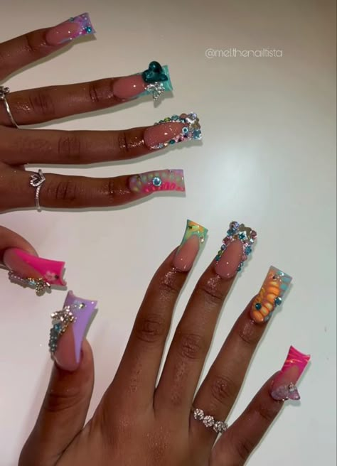 Medium Length Freestyle Nails, Colorful Stone Nails, French Freestyle Nails, Duck Nails Colorful, Junk Yard Nails, Nails With Bf Name, Rhinestone Duck Nails, Short Curved Nail Designs, Summer Junk Nails