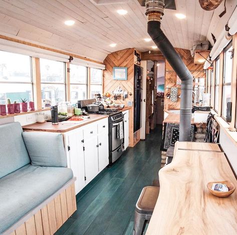 13 Skoolie Kitchen Ideas for Bus Life - Survival Tech Shop Skoolie Kitchen, Bus Kitchen, School Bus Tiny House, School Bus Camper, School Bus House, Bus Interior, Bus Living, Bus House, Bus Life