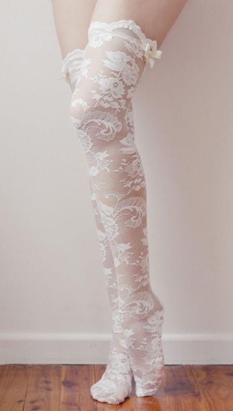 lace white thigh-high stockings with floral design. Lace Stockings, White Stockings, Grace Loves Lace, Bridal Lingerie, Mode Inspiration, Lolita Fashion, Petticoat, Gq, White Lace