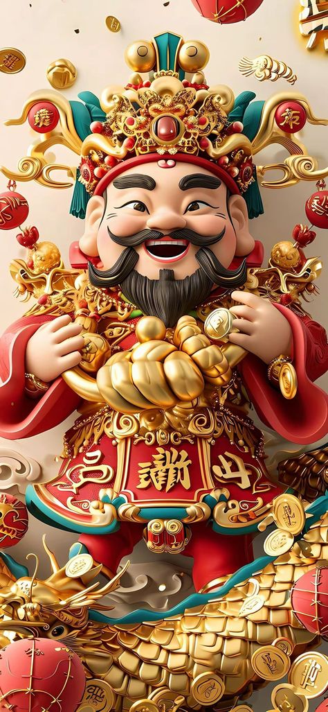 Chinese Gods, Chinese God, Lucky Wallpaper, East Asian Art, Buddha Artwork, Lucky Fortune, Gold Everything, God Of Wealth, Karakter Disney