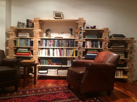 DIY for dancers and choreographers - bricks and wood bookshelf - need great sense of balance and space and a lot of patience, each brick has a unique soul - warms up the ambient like a fireplace Brick Bookshelf, Wood Book Shelf, Space Organization, Wood Bookshelf, Wood Bookshelves, Brick And Wood, Shelf Bookcase, Wood Book, Bookshelves Diy