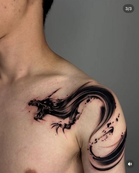 Brushstroke Dragon Tattoo, Dragon Tattoo Bicep, Fire Dragon Tattoo, Fire Tattoo Designs, Dragon Tattoo Shoulder, Black Dragon Tattoo, Ink Tattoo Design, Dragon Tattoo Arm, Unique Half Sleeve Tattoos