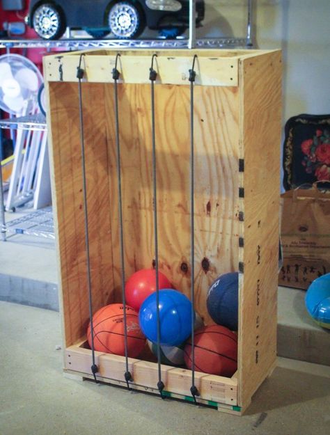 Bungee Ball Storage | RUGGY DIY Ball Organizer, Diy Projects Garage, Diy Storage Projects, Outdoor Toy Storage, Diy Storage Shelves, Storage Shed Organization, Valentine Diy Crafts, Garage Diy, Diy Storage Rack