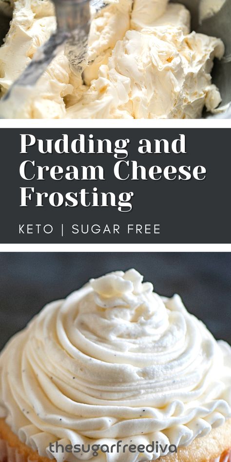 Keto Frosting Cream Cheese, Weight Watchers Cream Cheese Frosting, Frosting Cream Cheese Recipes, Pudding And Cream Cheese Frosting, Less Sweet Frosting Recipes, Splenda Frosting Recipe, Sugar Free Frosting Easy, Cream Cheese Pudding Filling, Sugar Free Pudding Cookies