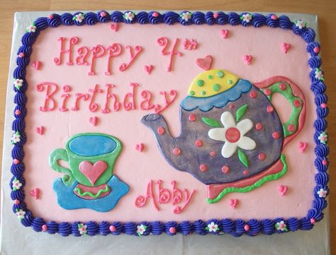 tea party cake | This is a double-layer chocolate 1/4 sheet cake covered in buttercream ... Tea Party Birthday Cake, Kids Tea Party Birthday, Yea Party, Bowling Cake, Party Birthday Cake, Tea Party Cake, Birthday Sheet Cakes, Bean Cakes, Tea Party Theme