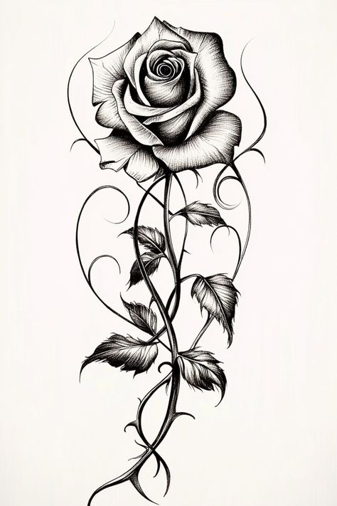 A delicate tattoo sketch of a single rose with vines, creating a timeless and elegant design for tattoo inspiration. Rose Tattoo With Vines And Thorns, Rose Vine Tattoo Stencil, Rose On A Stem Tattoo, Thorny Rose Drawing, Female Rose Tattoos, Free Tattoo Stencils, Rose Tattoo Design Sketches, Rose With Vines Tattoo, Rose And Name Tattoo