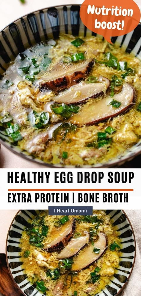 This Paleo egg drop soup is loaded with healthy protein with lean ground meat and bone broth. The perfect soup to boost immunity for winter. #paleoeggdropsoup #eggdropsoup #proteineggdropsoup #healthyeggdropsoup Paleo Egg Drop Soup, Chinese Egg Drop Soup, Umami Recipes, Homemade Takeout, Gluten Free Asian Recipes, Bone Broth Soup, Asian Dinner, Healthy Asian, Chinese Egg