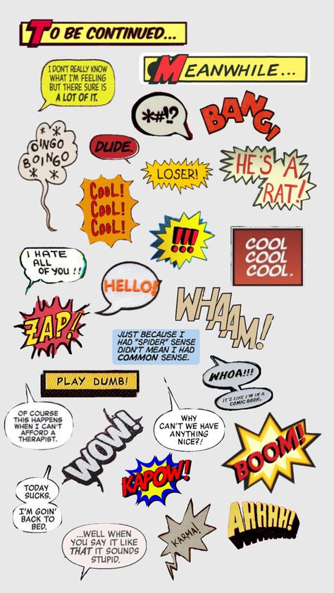 Collage of comic book text bubbles, sound effects, and Spider-Man references. 9-28-24 Comic Book Collage, Comic Sound Effects, Comic Book Bubble, Book Collage, Book Text, Comic Text, Text Bubble, Spiderman Comic, Sound Effects