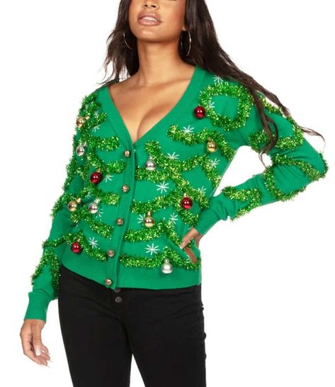 Are you ready for some seriously Gaudy Garland fashion? Our women's gaudy garland ugly christmas cardigan sweater will add a tree-load of glitter to your wardrobe this season. It's got a lot more than tinsel to make you into the ultimate shiny distraction at any holiday party. You won't be able to resist shaking your baubles when you shimmy into this green on green delight. Thankfully, these ornaments aren't made of glass-you won't break if you bump into other partiers on the dance floor. Tacky Christmas Sweater, Tipsy Elves, Tacky Christmas, Christmas Cardigan, Christmas Sweater Party, Ugly Christmas Sweaters, Christmas Outfits Women, Christmas Sweaters For Women, Style Makeover