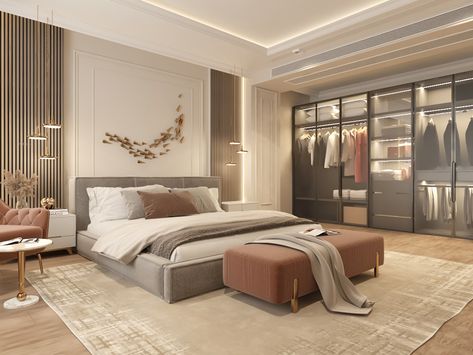 master bedroom design on Behance Luxury Bedroom Master With Mirrors, Victoria Modern Bedroom, Modern Feminine Bedroom Luxury, Beige Master Room, Master Bedrooms Decor Classic, 3x5 Bedroom Design, Master Room Design Modern, Modern Classic Bedroom Luxury, Simple Classy Bedroom