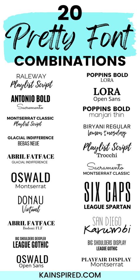 20 PRETTY FONT COMBINATIONS IN CANVA - Not sure what fonts to use in your business marketing tools? Just like choosing brand colors, using certain fonts in your branding will play a big role in your audiences’ first impression of your business. 20 gorgeous feminine Canva script font pairings to use for your Pinterest Pin Designs that will make it easy to drive traffic to your website. best canva fonts Pretty Font Combinations, Font Combinations Adobe Fonts, Fonts For Social Media, Branding Font Combinations, Canva Fonts For School, Creative Lettering Fonts Graphic Design, Feminine Canva Font Pairings, Fun Font Combinations, Canva Font Pairing Ideas