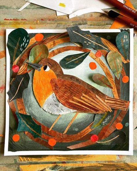 Paper Collage Art Birds, Robin Collage, Nature Collage Art, Robin Art, Rockin Robin, New Year Art, Classroom Art Projects, Collage Art Projects, Paper Collage Art