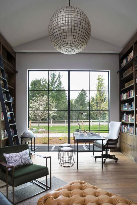 Industrial eclectic home with a Harry Potter inspired-library in Colorado Home Office Library, Contemporary Home Office, Contemporary Desk, Interior Design Work, Big Windows, Opposites Attract, Residential Interior Design, Home Office Space, Farmhouse Style House