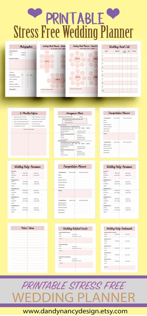 "Wedding Planner Printable, Printable Wedding Planner Kit, Wedding Binder Template, Wedding Planning Book, Wedding Planner Organizer, Engagement gift  This planner will help you keep organized for your dream wedding! Every Bride To Be needs some help let your Planner help you every step of the way.  The Stress Free Wedding  Planner has everything you need to plan your BIG DAY. With over 90 pages to ensure that nothing is overlooked. Also includes many BLANK templates in case you want to create new checklists, to do list, etc.   Includes everything for planning Engagement details to  Venue details to Honeymoon Details. Also includes wedding budgeting templates so that you can keep track of all your expenses. This is an instant download and you can print each page as may times as you need  B Wedding Planers, Wedding Planning Calendar, Dj Animation, Creepy Wedding, Budgeting Templates, Wedding Budgeting, Wedding Budgets, Engagement Details, Wedding Freebies