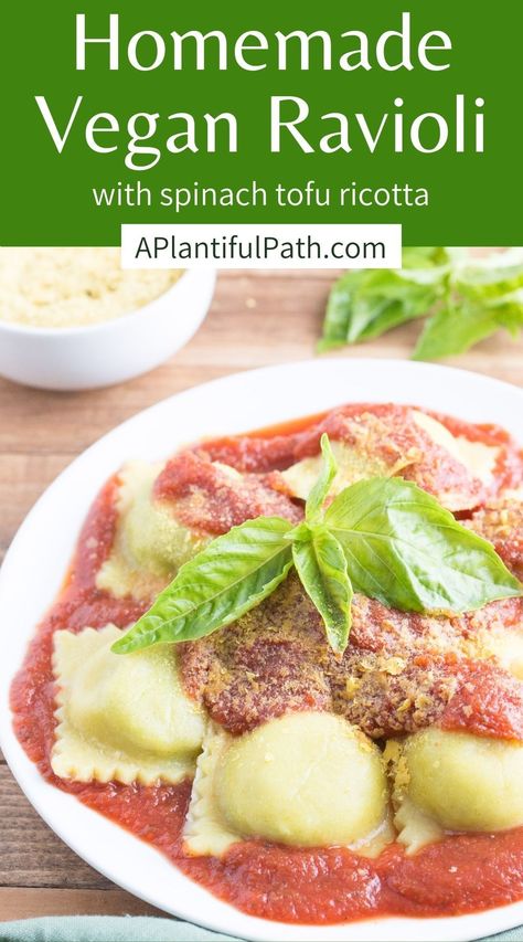 Homemade ravioli with a spinach tofu ravioli filling! These tender pillows of filled pasta are perfect for a special dinner. And they freeze well making them a great make ahead meal. Tofu Ravioli, Vegan Ravioli Recipe, Ravioli With Spinach, Spinach Tofu, Vegan Freezer Meals, Vegan Valentines, Vegan Ravioli, Ravioli Filling, Tofu Ricotta