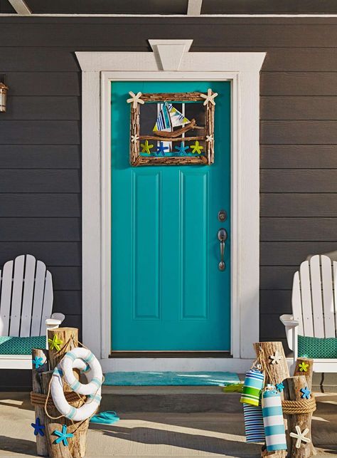 Beach House Front Door, Diy Front Door, Entry Door Colors, Exterior Front Door Colors, Front Door Accessories, Exterior Updates, Front Door Ideas, Turquoise Door, Greek Decor