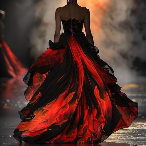 #fashion #concept design #ai #fire #flames inspired Fire Theme Fashion Show, Dress On Fire Aesthetic, Volcano Inspired Fashion, Goddess Of Fire Costume, Fire Fashion Design, Fire Inspired Dress, Fire Themed Outfits, Fire Inspired Outfits, Witches Clothes