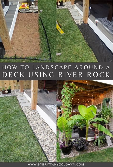 Rock Around Patio, Landscaping Around Deck, River Ideas, Patio Edging, Deck Landscaping, Backyard Drainage, Backyard Seating Area, Backyard Area, Backyard Renovations