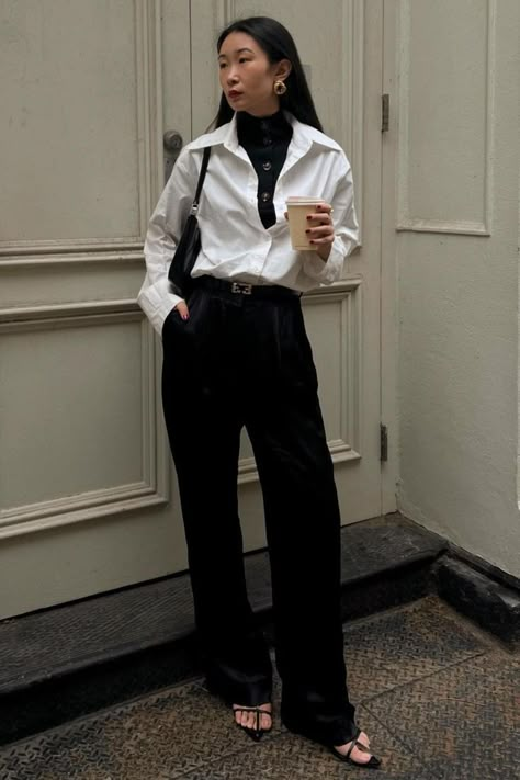 Black Slacks Outfit, Black Trousers Outfit, Collared Shirt Outfits, Silk Shirt Outfit, Black Shirt Outfits, Slacks Outfit, Dress Pants Outfits, Black Pants Outfit, White Shirt Outfits