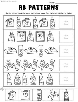 Pattern worksheets are an essential part of kindergarten math! Use these kindergarten math worksheets to cut and paste AB, ABC, AAB, and ABB patterns! #kindergarten #kindergartenmath #patterns #cutandpaste #ashleysgoldenapples Pattern Activities For Kindergarten, Kindergarten Math Patterns, Patterns Kindergarten, Kindergarten Math Assessment, Pattern Worksheets For Kindergarten, Abb Patterns, Patterning Kindergarten, Kindergarten Math Addition, Preschool Spanish