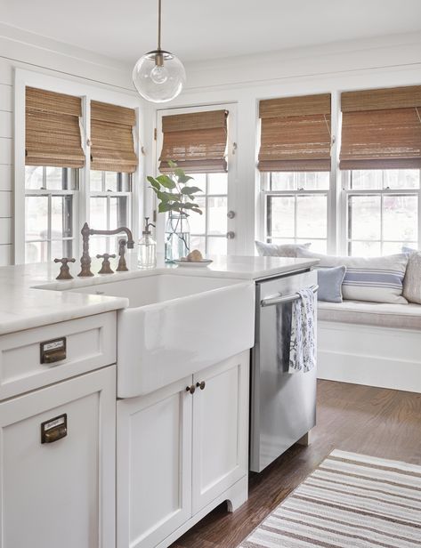 Kitchen with Shiplap walls, roman shades, farmhouse sink, pendant lighting. Farmhouse Kitchen Window Treatments, Rustic Window Treatments, Farmhouse Window Treatments, Modern Window Treatments, Rustic Window, Farmhouse Windows, Kitchen Window Treatments, Farmhouse Sink Kitchen, Modern Windows