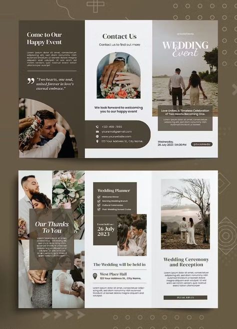 Wedding Day Brochure, Events Brochure Design, Brochure Design Photography, Wedding Planner Flyer Design, Wedding Venue Brochure Design, Wedding Brochure Design Layout, Venue Brochure Design, Wedding Flyers Design Ideas, Brochure Layout Ideas